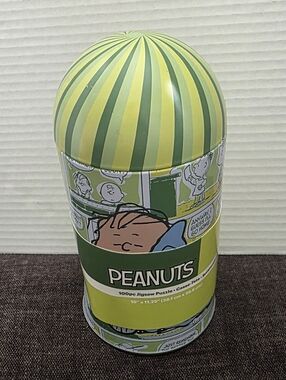 NIP Peanuts Green and Yellow Striped Dome Tin Canister W/100 Piece Jigsaw Puzzle